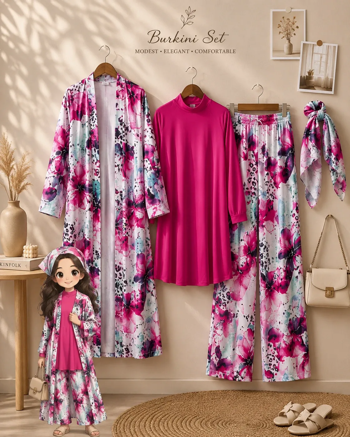 Ensemble Burkini 4 Pièces Kimono Fleuri