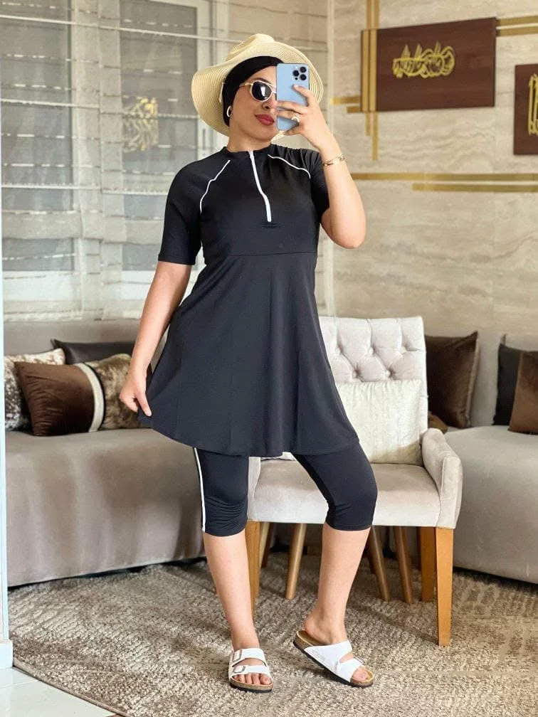 Burkini Noir Manches Courtes Liseré Blanc