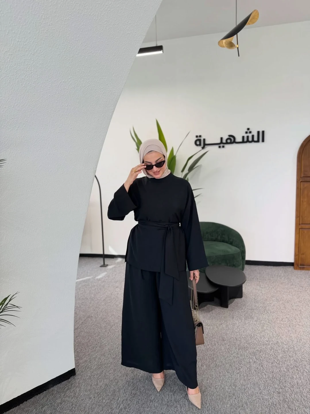 Ensemble 2 pièces crêpe noir — ceinture
