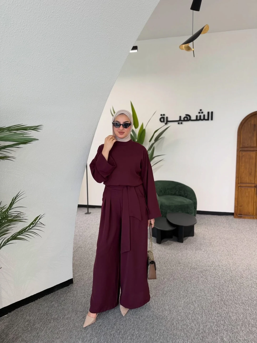 Ensemble 2 pièces crêpe bordeaux avec ceinture