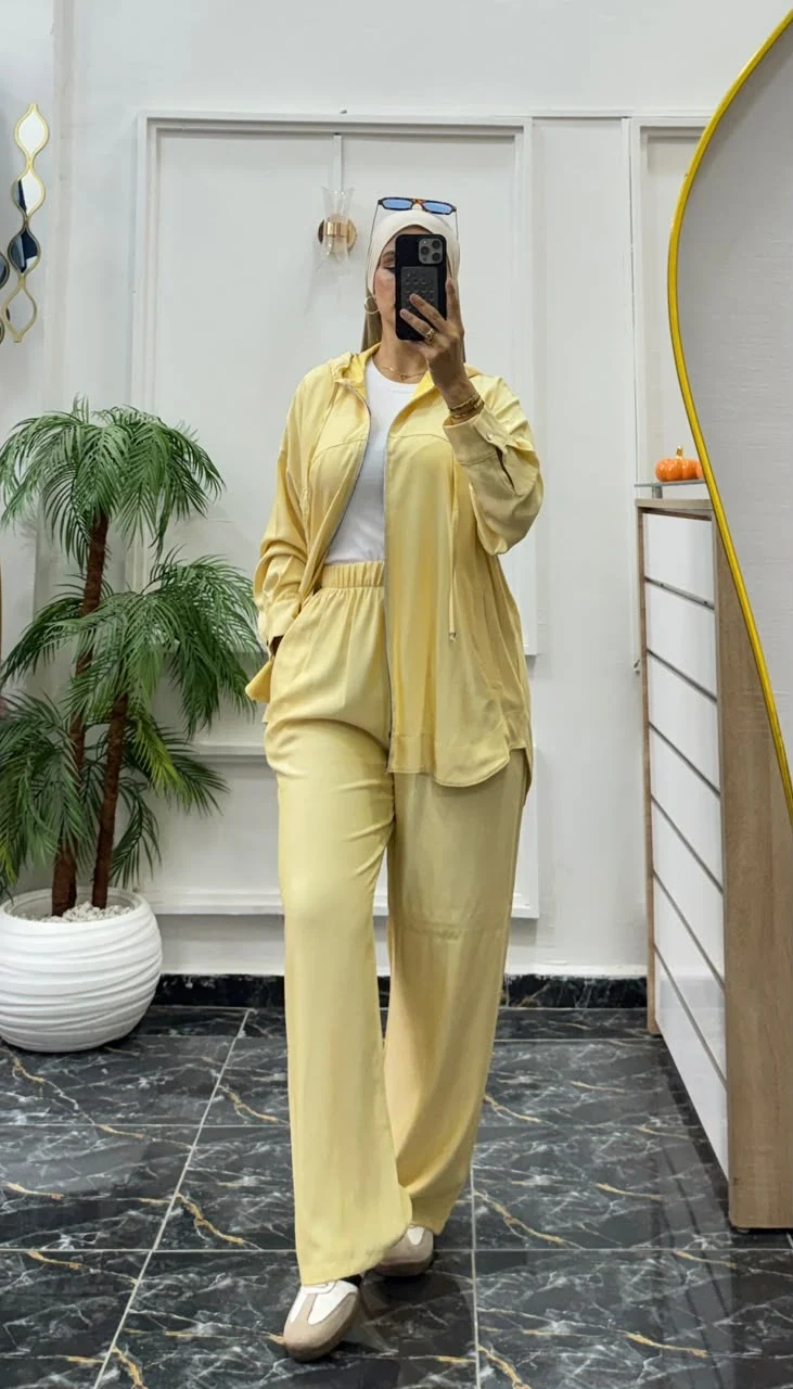 Ensemble 2 pièces tencel jaune — veste zippée à capuche et pantalon large