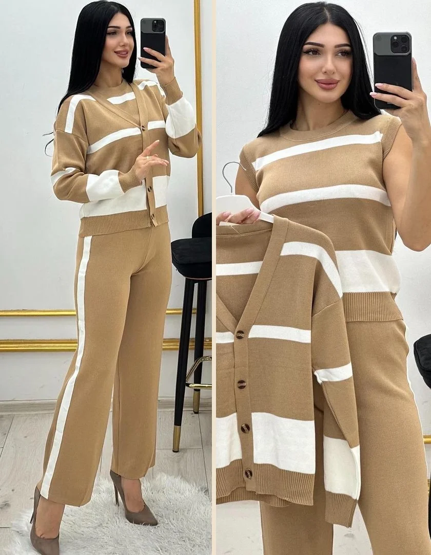 Ensemble 3 Pièces Laine Douce Cardigan — coloris beige