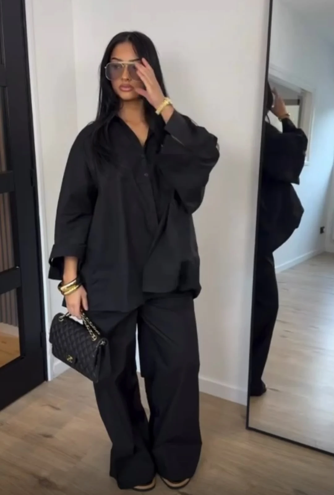 Ensemble oversize popline noir — chemise ample et pantalon large