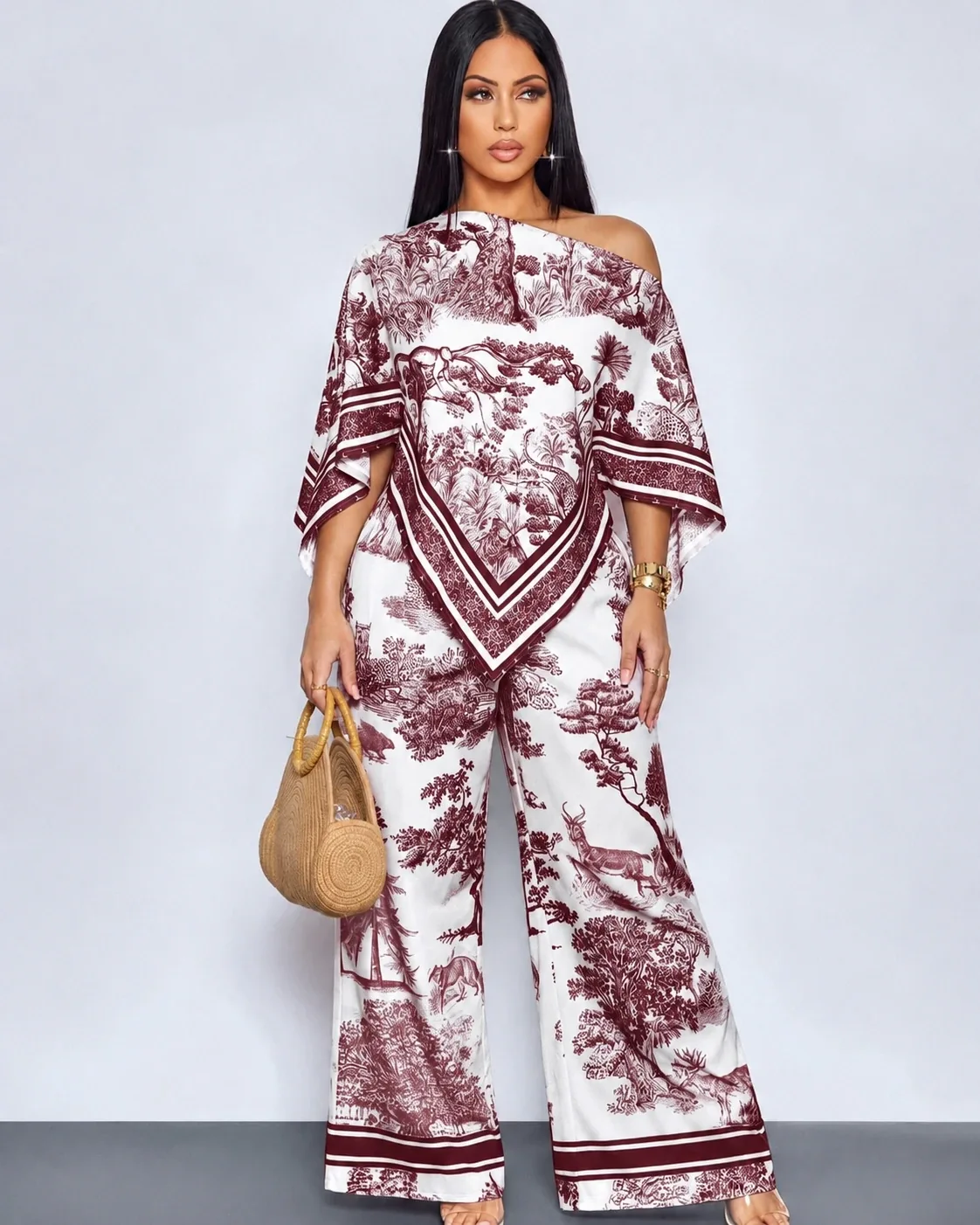 Ensemble Satin Bordeaux avec Châle Offert