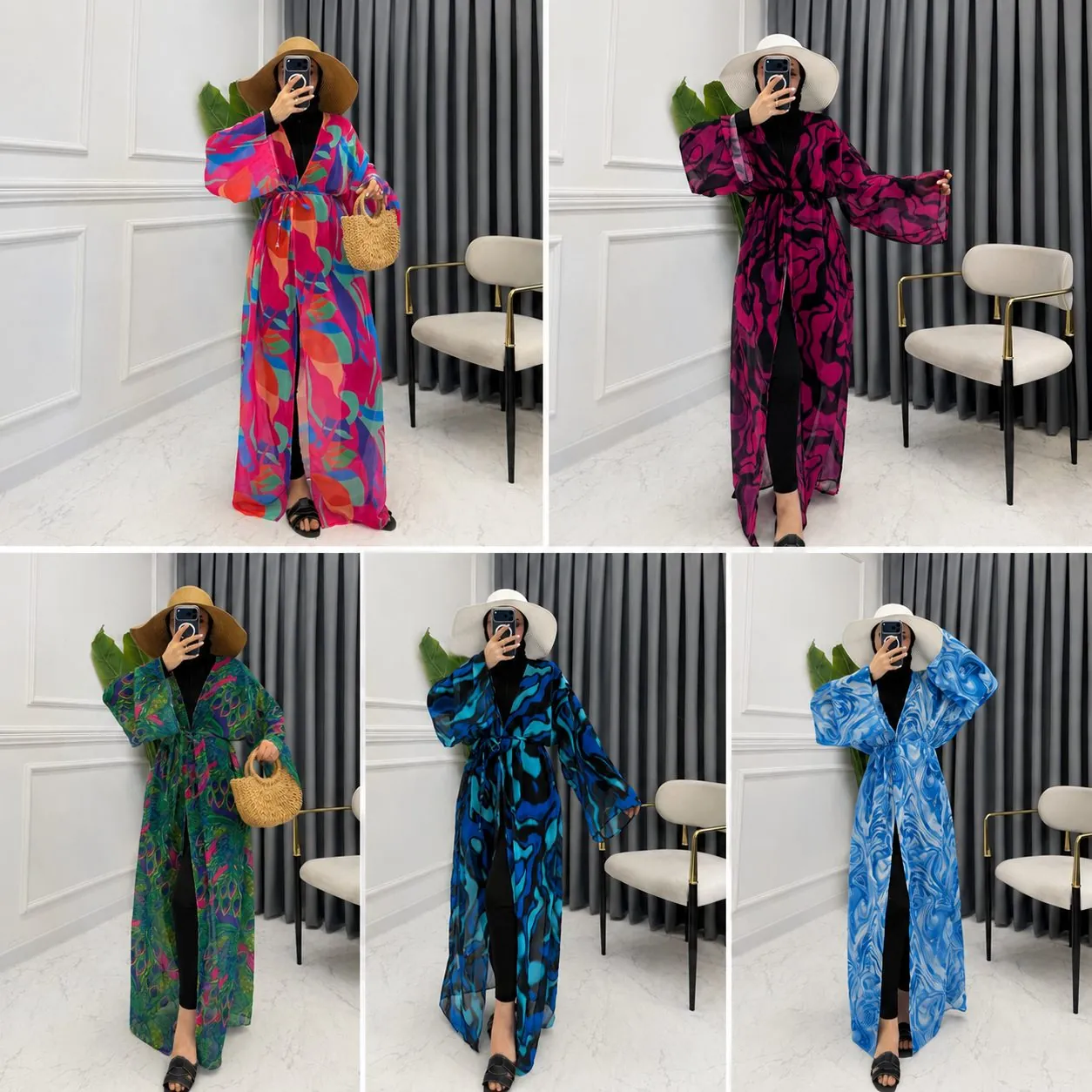 Kimono chiffon long imprimé, cinq coloris