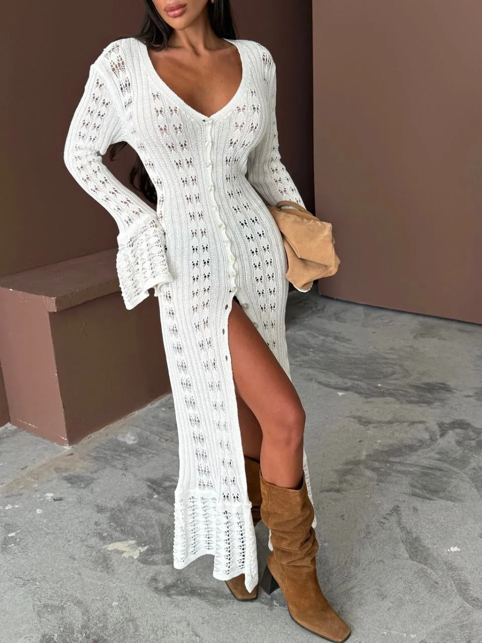 Robe crochet blanche fendue